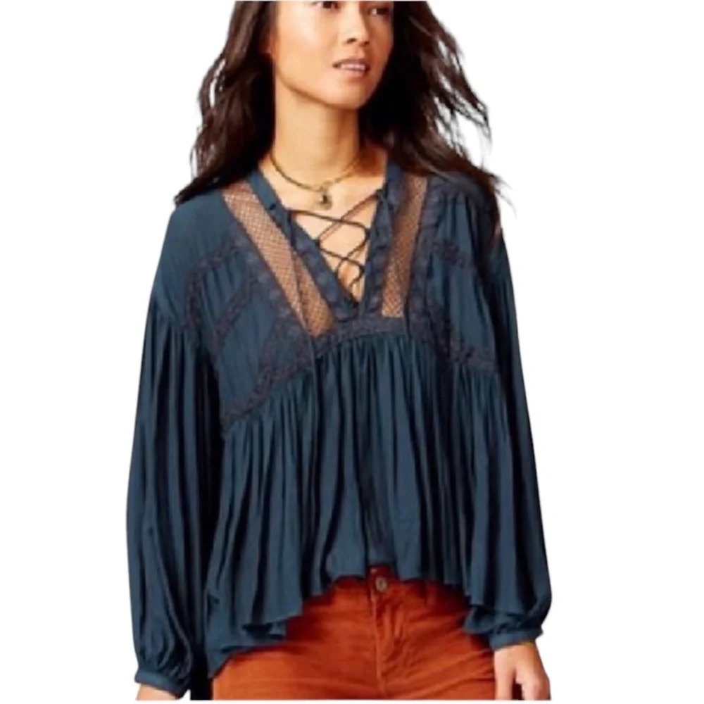 LN Free People Don’t Let It Go Teal Green Pleated Lace Up Crinkle Peasant Top XS